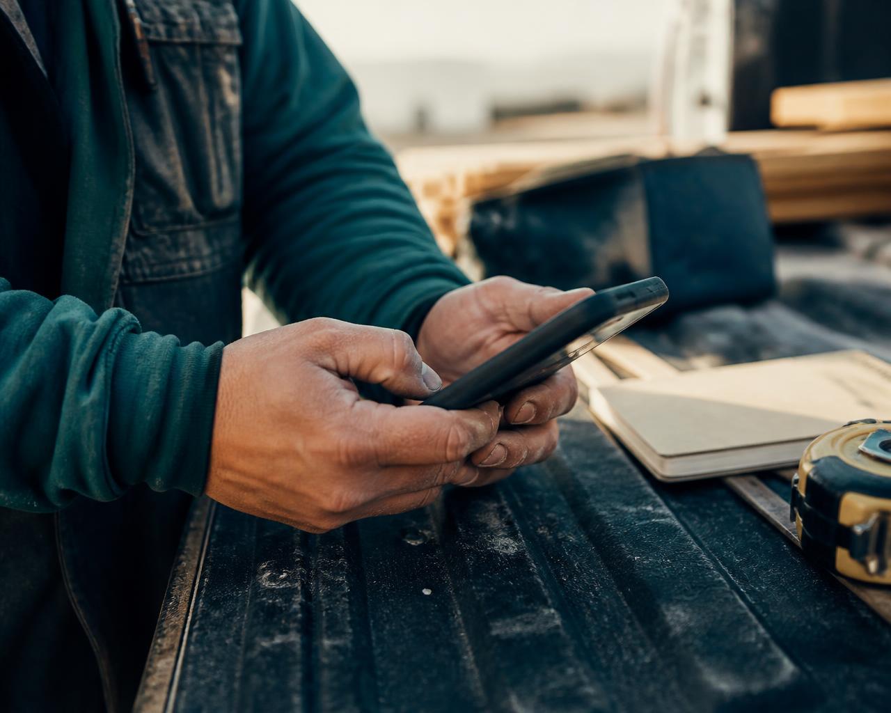 Crew member using his phone on a truck tailgate