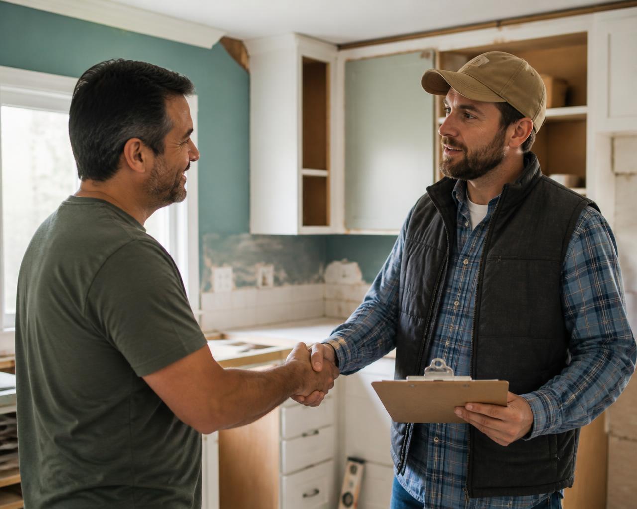 Contractor and homeowner shaking hands in a kitchen renovation